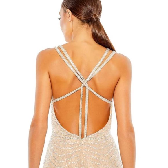 MAC DUGGAL 93701 DEEP V-NECK SLEEVELESS STRAPPY BACK NUDE SILVER GOWN sz 6 - Picture 3 of 4
